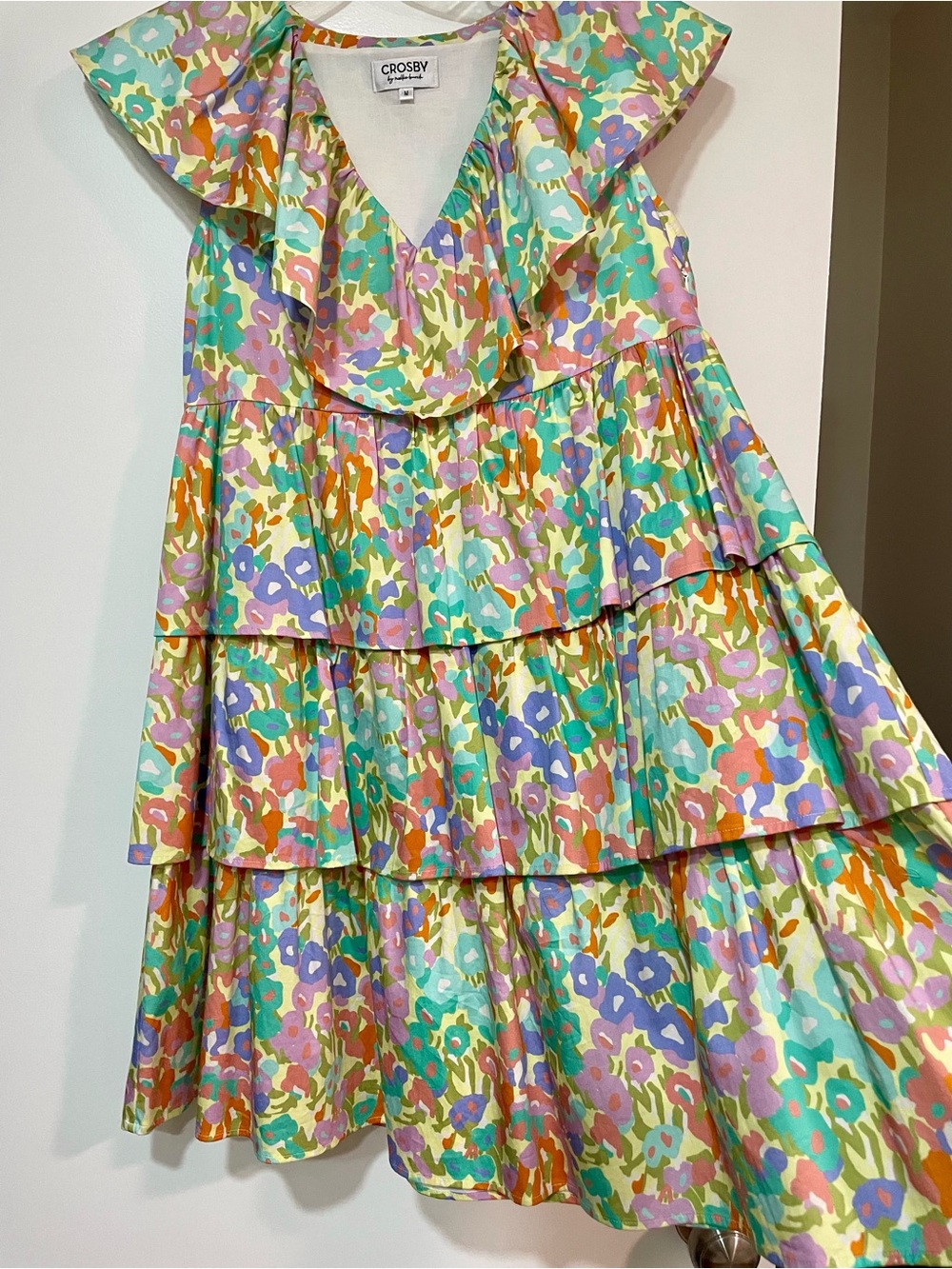 CROSBY BY MOLLIE BURCH Zuri Dress M Multicolor Tiered Ruffle Mini Flutter Sleeve